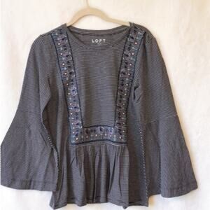 LOFT Striped Embroidered Long Bell Sleeve Top